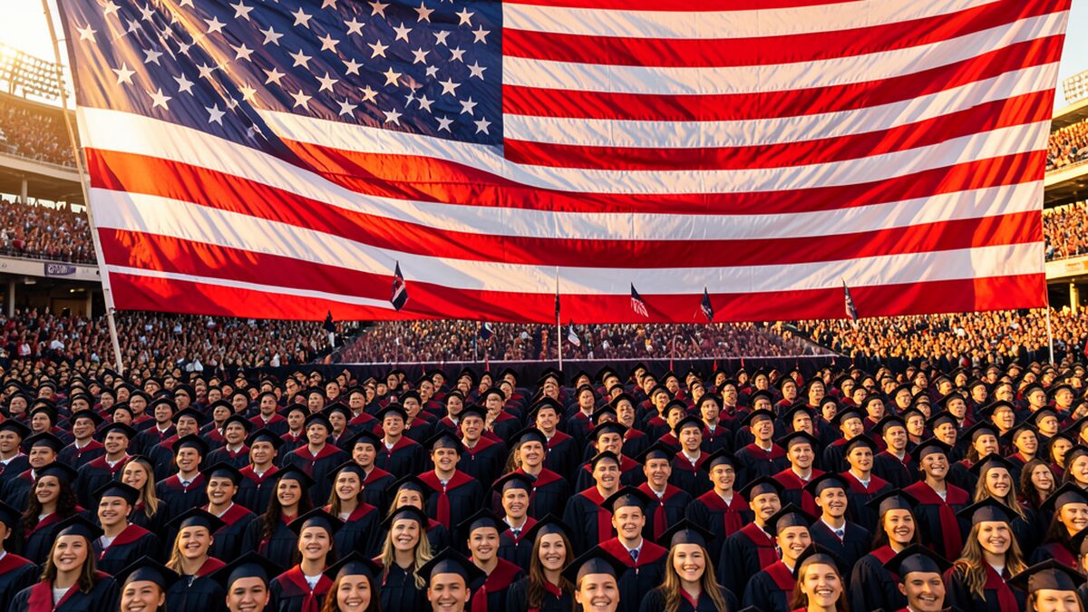Students sing beneath flag