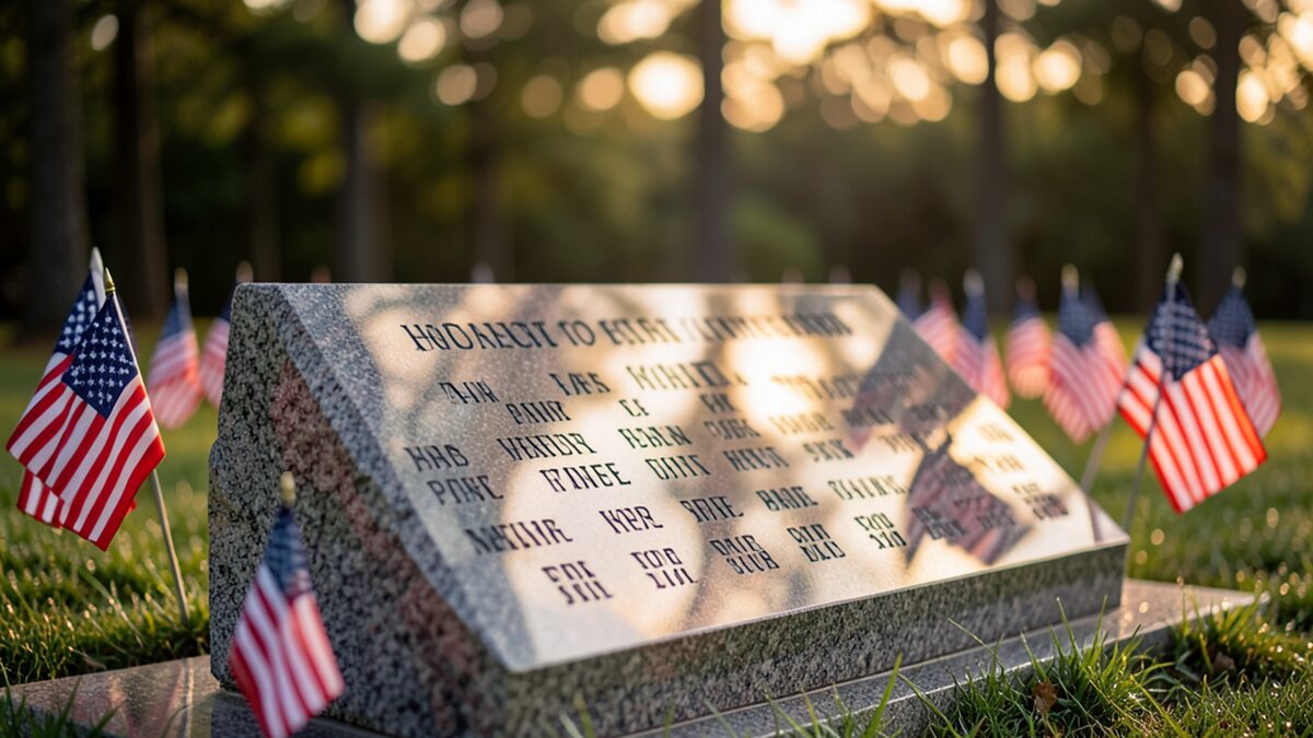 Memorial, American flags, names